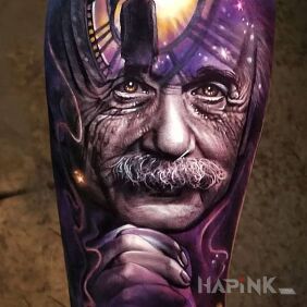 Tattoo Albert Einstein on the calf motif: cosmos