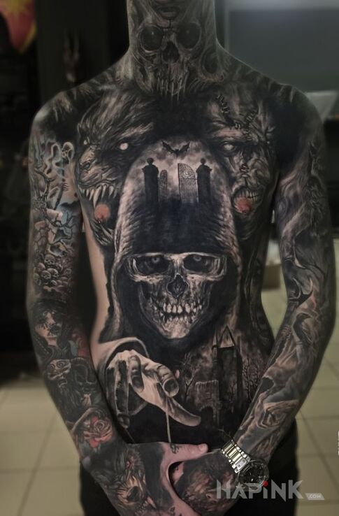 Tattoo Mrooook in characters motif and realistic style on the chest