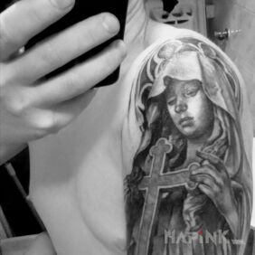 Tattoo The one who watched over me while I was fighting cancer. on the upper arm motif: characters