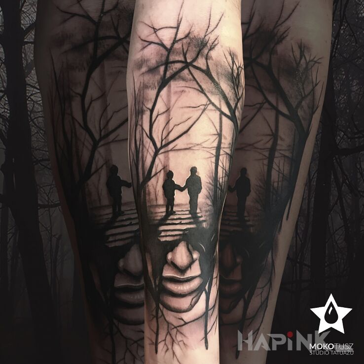 Tattoo W listopadowym klimacie in Love motif and realistic style on the forearm