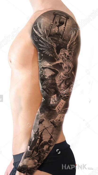 Tattoo Czas aniołów in characters motif and realistic style on the upper arm