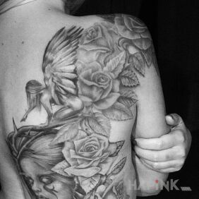 Tattoo Roses, angel, elfin, thorns on the upper arm motif: angels