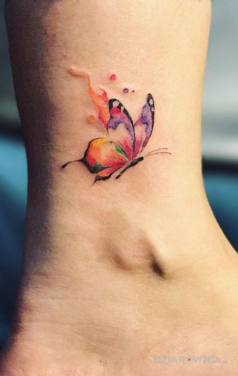 Tatuaż kolorowy motylek w motywie kolorowe na nodze
