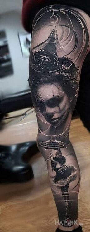 Tattoo Rękaw na nodze in faces motif and realistic style on the calf