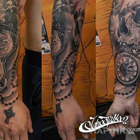 Tattoo Hourglass skull and cross on the forearm motif: objects
