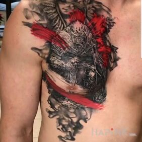 Tattoo Hussar trash polka on the stomach motif: patriotic style: trash polka