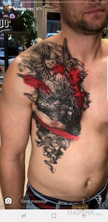 Tattoo Husar trash polka in colorful motif and trash polka style on the stomach