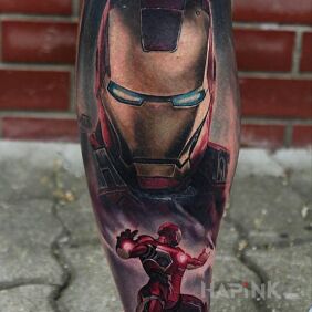 Tattoo Iron man on the calf motif: characters