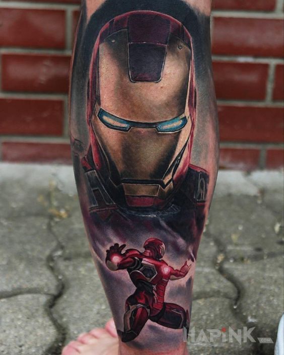 Tattoo Iron man in colorful motif on the calf