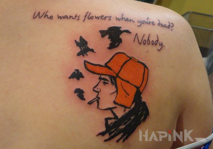 Tattoo Chłopak z papierosem 2 in lettering motif on the shoulder blades