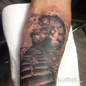 Tattoo Clock and staircase on the forearm motif: 3D