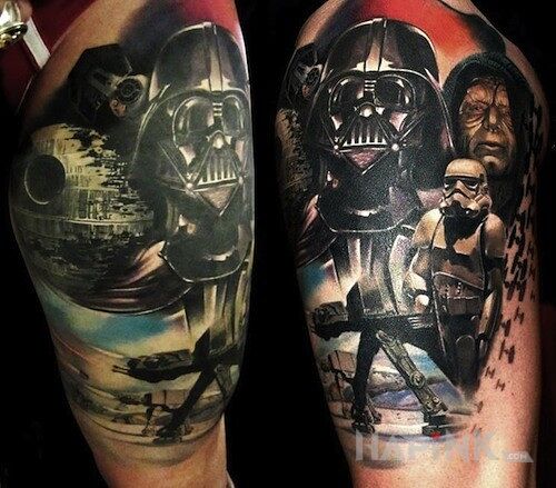 Tattoo Gwiezdne Wojny in characters motif on the upper arm