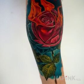 Tattoo Rose in flames on the forearm motif: 3D