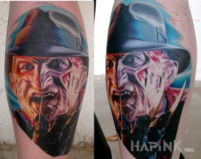 Tattoo Freddie Kruger 3 in faces motif on the calf