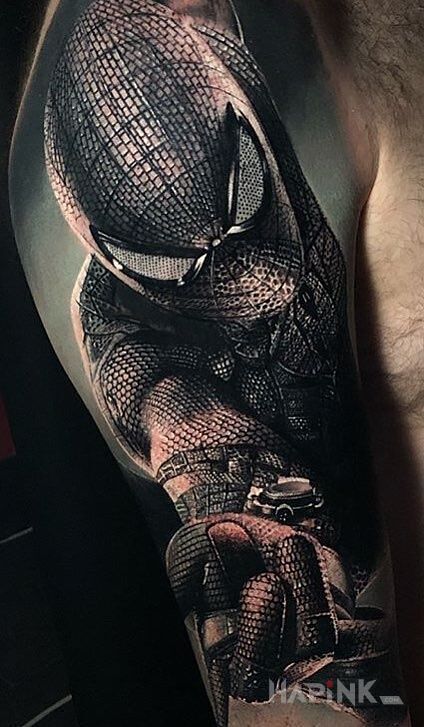 Tattoo Czarny Spider-Man in 3D motif and realistic style on the upper arm