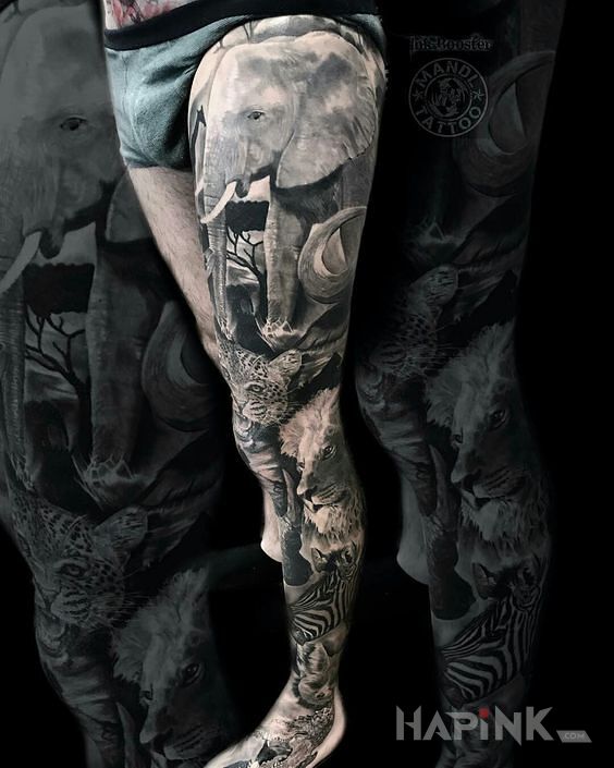 Tattoo Afrika in animals motif and realistic style on the leg