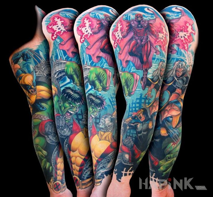 Tattoo X-men in characters motif on the upper arm