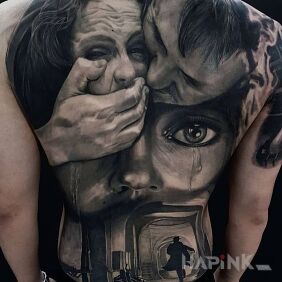 Tattoo Dramaturgy on the back motif: 3D style: realistic