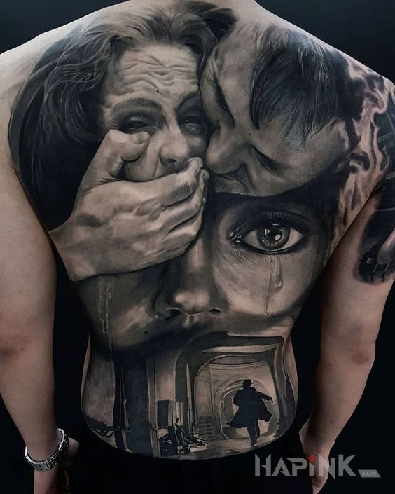 Tattoo Dramaturgia in 3D motif and realistic style on the back