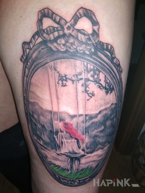 Tattoo Odpoczynek in colorful motif on the leg