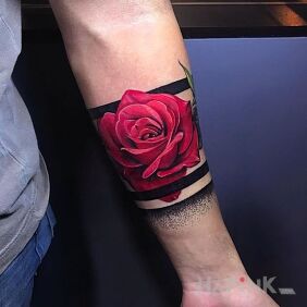Tattoo Rose, red rose on the forearm motif: 3D style: realistic