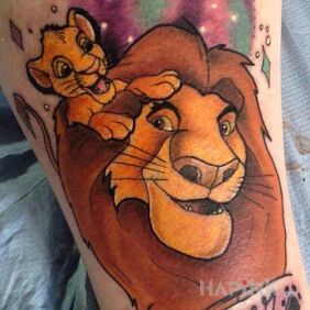 Tattoo Simba and Mufasa on the forearm motif: characters