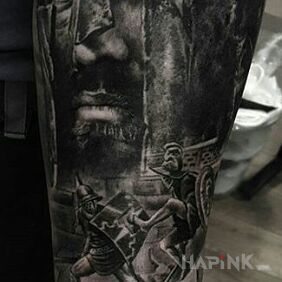 Tattoo Gladiator on the forearm motif: faces style: realistic