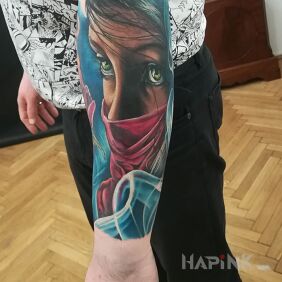 Tattoo Mysterious figure on the forearm motif: 3D style: realistic