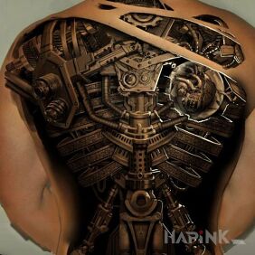 Tattoo Mechanics on the back motif: 3D style: realistic