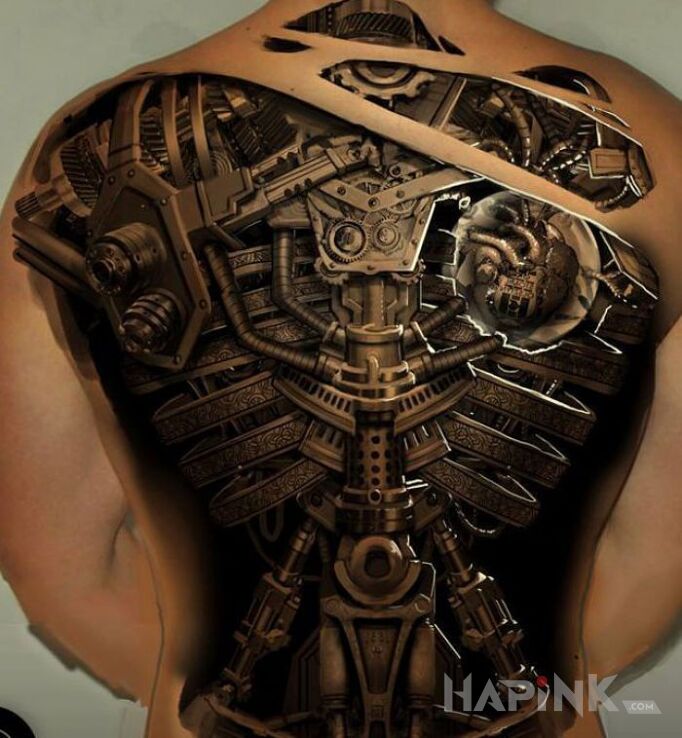 Tattoo Mechanika in 3D motif and realistic style on the back