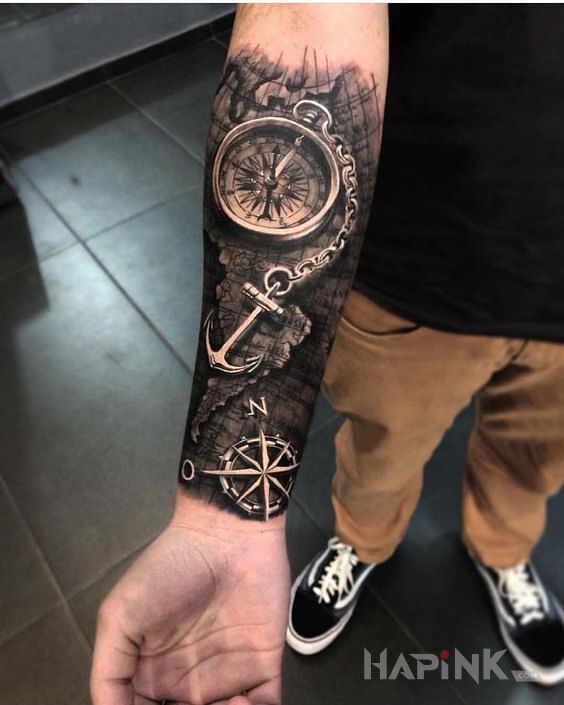 Tattoo Podróżowanie in objects motif and realistic style on the forearm