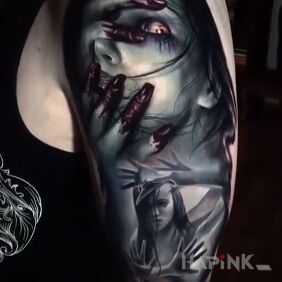 Tattoo Horrorously on the upper arm motif: colorful style: realistic