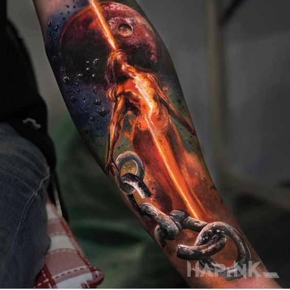 Tattoo Tajemnicza postac in colorful motif and realistic style on the forearm