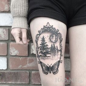 Tattoo Framed trees on the leg motif: butterflies style: dotwork
