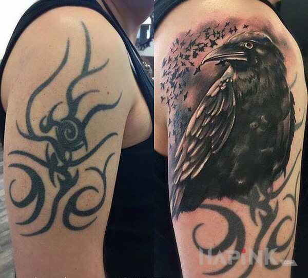 Tattoo Kruk in black and gray motif and realistic style on the upper arm
