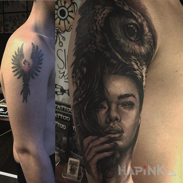 Tattoo Kobieta i sowa in faces motif and realistic style on the upper arm
