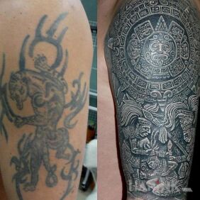 Tattoo Aztec knit on the upper arm motif: cover-up style: realistic