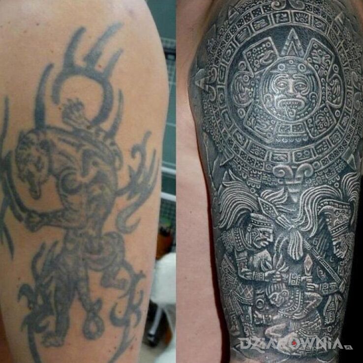 Tatuaż Aztecka dziara w motywie czarno-szare i stylu realistyczne na ramieniu