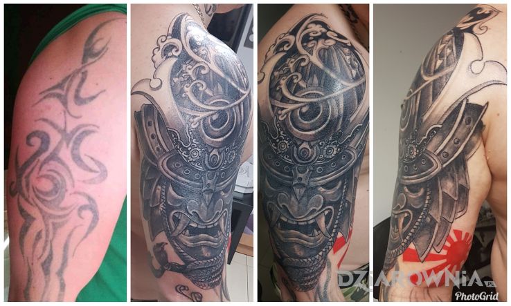 Tatuaż samuraj w motywie czarno-szare i stylu realistyczne na ramieniu