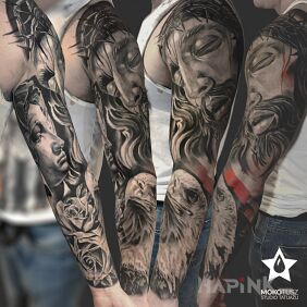 Tattoo Black and white men's sleeve on the forearm motif: characters style: realistic