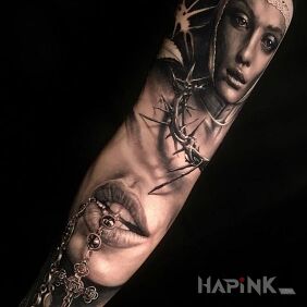 Tattoo Nun on the forearm motif: objects style: realistic