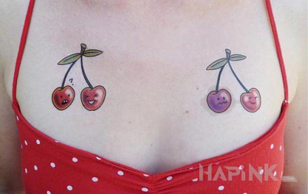 Tattoo Wisienki :) in colorful motif and newschool style on the collarbone