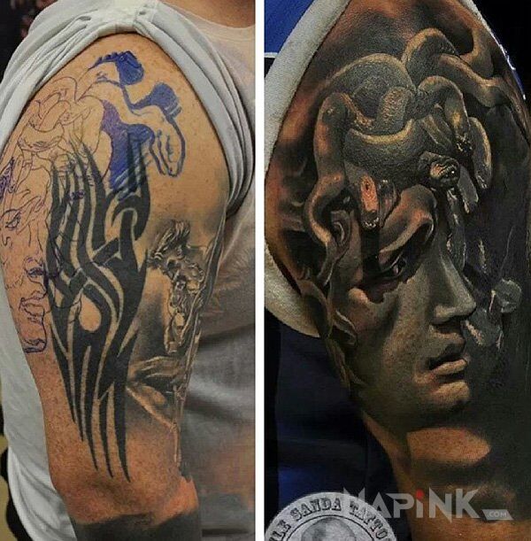 Tattoo Po tribalu ani śladu in black and gray motif and realistic style on the upper arm