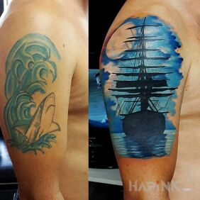 Tattoo Exemplary cover on the upper arm motif: colorful style: realistic