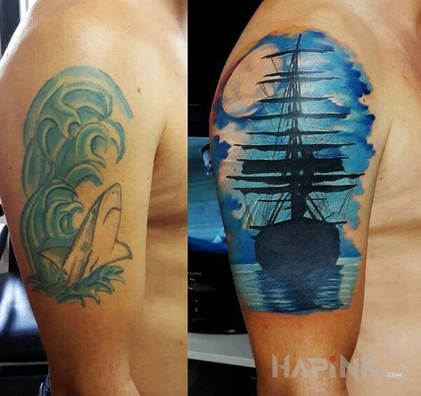 Tattoo Wzorowy cover in colorful motif and realistic style on the upper arm
