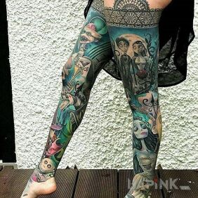Tattoo Wonder on the leg motif: legsleeves style: cartoon / comic book