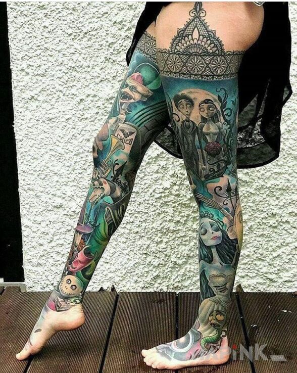 Tattoo Cudeńko in colorful motif and cartoon / comic book style on the calf