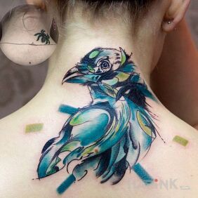 Tattoo Blue bird on the nape motif: colorful style: Watercolor