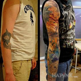 Tattoo Covering up an old tattoo with a sleeve on the upper arm motif: animals style: realistic