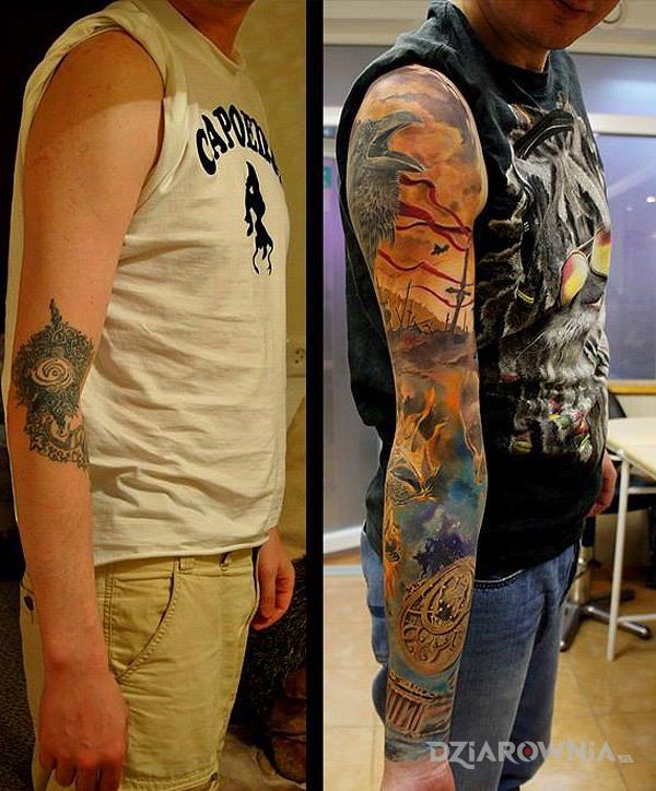 Tatuaż zakrycie starego tatuażu rękawem w motywie zwierzęta i stylu realistyczne na przedramieniu